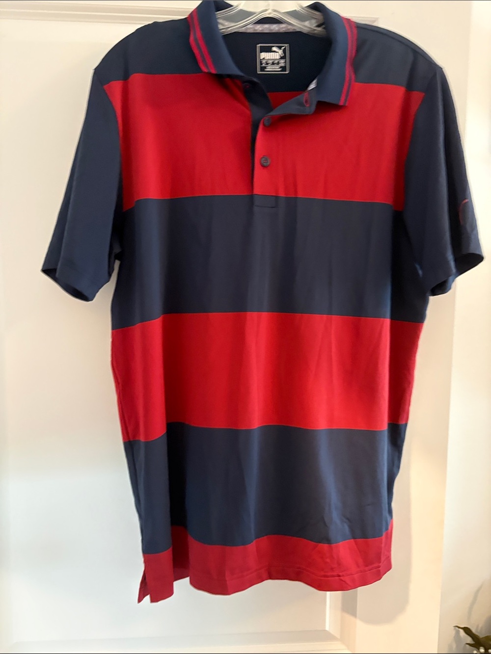 PUMA Men’s Red and Navy Wide-Striped Polo